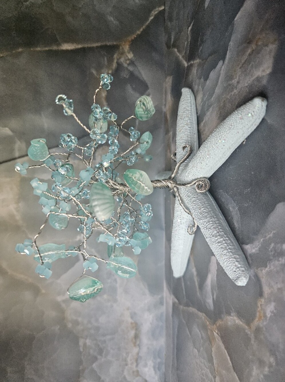 Handmade Aqua Beaded Tree on Starfish Base - Aqua Home Accent